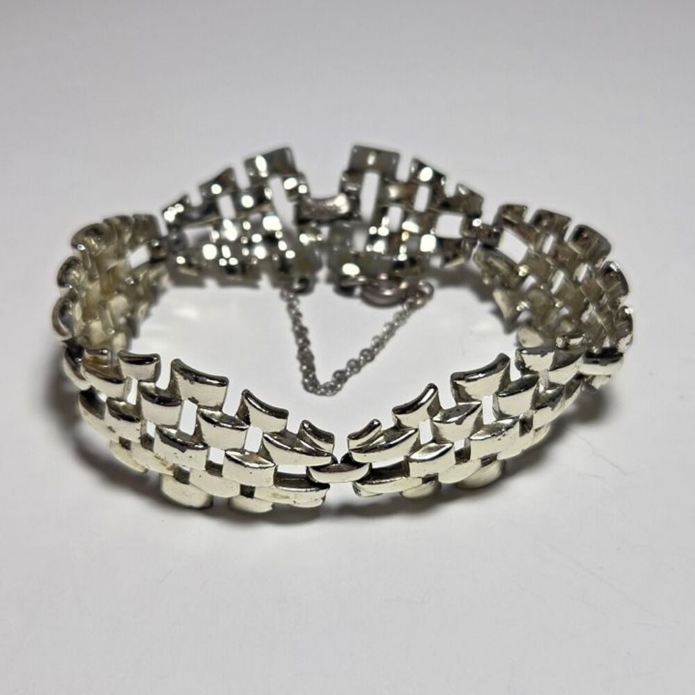 Vintage Coro Silver Tone Open Weave Design Panel Link Bracelet 7" Signed